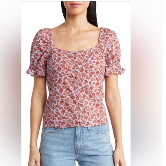 Madewell Button-Front Smocked Back Top - Size 8 - Picture 2 of 12